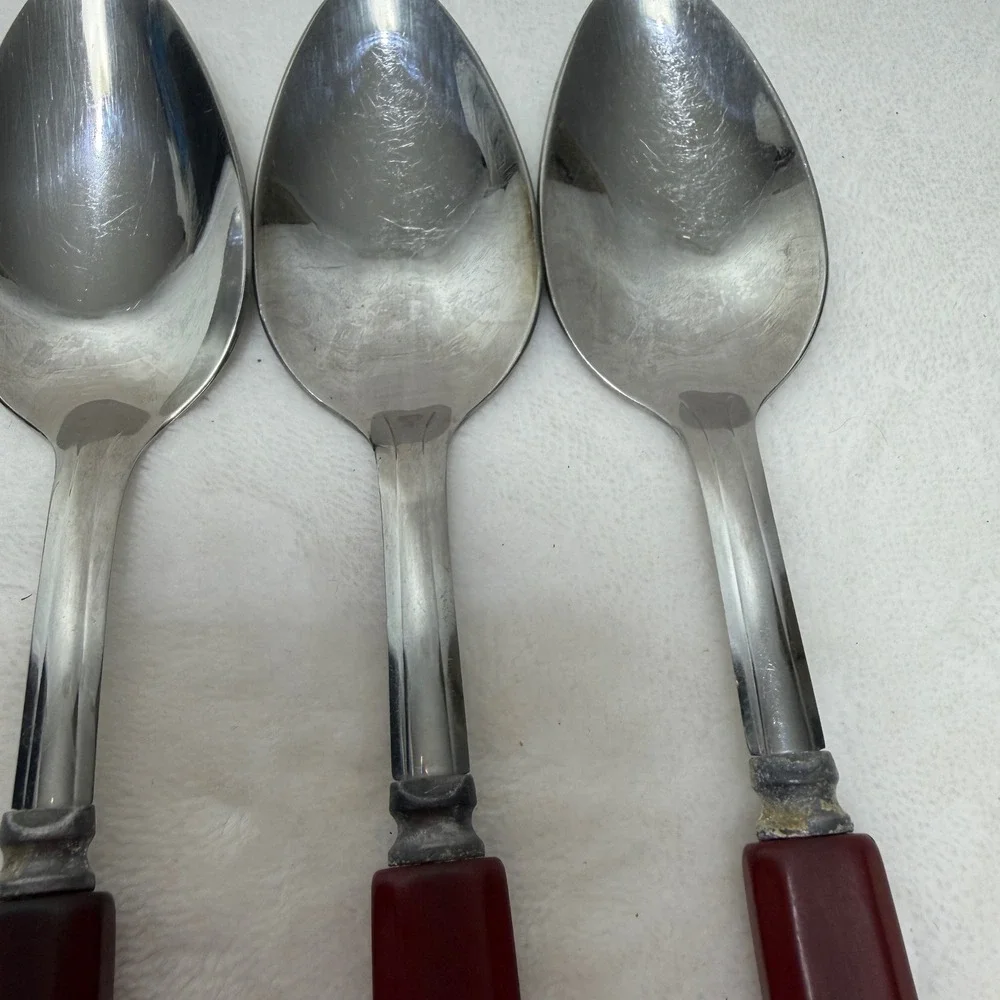 VTG Red Bakelite Handle Stainless Steel Spoons Set of 5 Mid-Century Art Deco